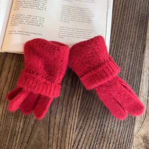 Long red knit rabbit fur gloves for women with thick thermal lining for winter warmth