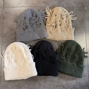 Gorro de Punto Desgastado Para Hombres Mujeres Streetwear Agujeros Rotos Borlas Skull Cap Cálido Color Sólido Otoño Invierno Hip Hop Gorro