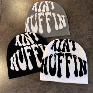 Jacquard knit beanies with AINT MUFFIN letters in grey, black and white hip-hop style