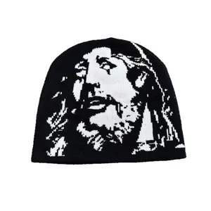 Schwarze Strickmütze mit Jesus-Jacquard-Porträt für Streetwear-Mode und winterliche Wärme