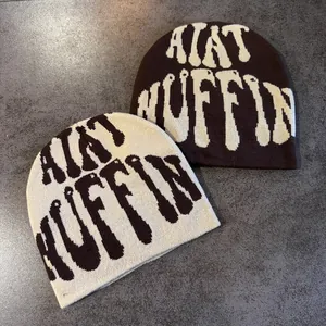 Winter jacquard knit beanie hats featuring hip-hop letter pattern in coffee and beige
