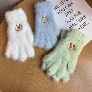 Gants d'hiver mignons en peluche tricotée avec broderie smiley en couleurs pastel