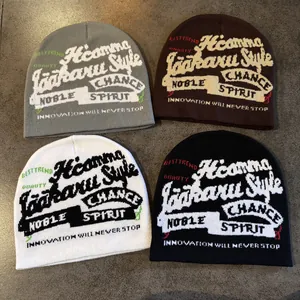 Bonnet en Tricot Acrylique Style Rue Américain Rétro Jacquard Lettres Hip Hop Bonnet d'Hiver Chaud pour Hommes Femmes Quotidien