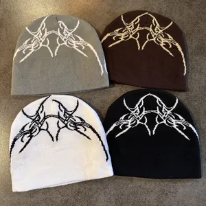 Bonnet en Maille Jacquard Tribal Gothique Hip Hop Américain Homme Femme Y2K Streetwear Motif d'Os Bonnet d'Hiver Chaud