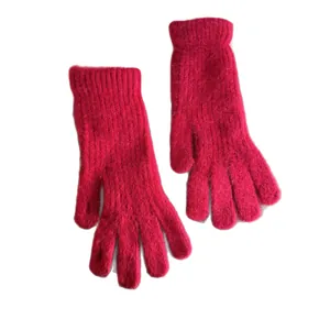 Long rabbit hair knitted gloves in rose red with thick warm thermal lining and touch screen