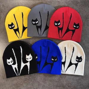 Amerikanischer Streetstyle Katzen-Jacquard Strickbeanie Mütze Für Herren Damen Herbst Winter Warme Wolle Mütze