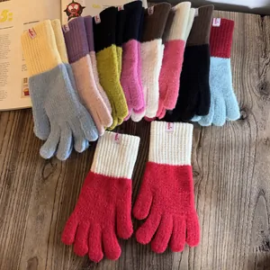 Damen Winter Warm Strickhandschuhe Farbblock Kaschmir-Imitat Touchscreen Fingerhandschuhe Gerippte Bündchen Outdoor Radfahren Mode