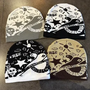 Halloween Skull Star Jacquard Knitted Beanie For Men Women Streetwear Y2K Acrylic Warm Winter Slouchy Cuffless Hat