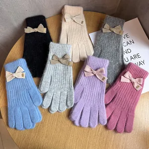 Cute knitted bow gloves for women in multiple colors with warm thermal fleece for winter