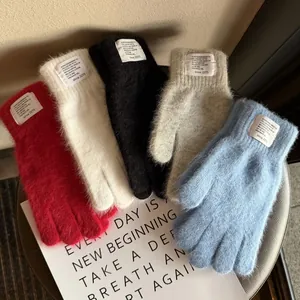 Women Winter Warm Knit Rabbit Hair Blend Gloves Solid Color Soft Plush Full Finger Mittens With Letter Label Ribbed Cuffs