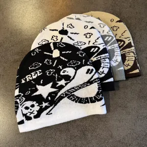 Winter knitted beanie featuring jacquard skull and star patterns in multiple color options