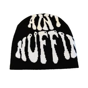 Hip hop black knit beanie with white AIN'T NUFFIN jacquard lettering for street style