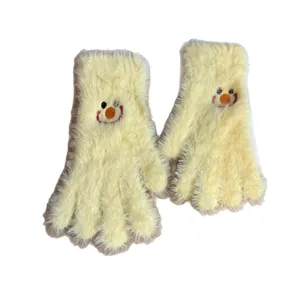Gants d'hiver mignons en peluche jaune avec broderie smiley pour écrans tactiles