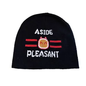 Black knit beanie with Cartoon robot design and ASIDE PLEASANT jacquard letters