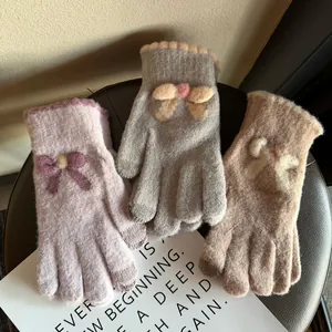 Gants en tricot tactiles avec nœuds décoratifs en rose, gris et kaki pour femmes