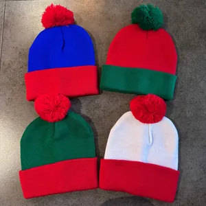 Winter color-block knit beanie hats with pom-poms in four distinct vibrant color combinations