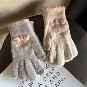 Gants en tricot pour femmes avec fonction écran tactile et décorations nœuds