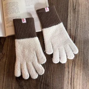 Detailansicht kontrastfarbener Strickhandschuhe mit weichem Plüsch auf einem Holztisch