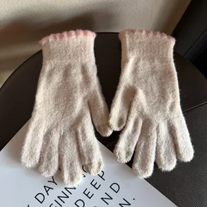 Gants d'hiver en tricot chaud pour femmes avec fonction tactile et poignets roses
