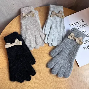 Cozy women's knitted gloves with sweet bow decoration and touch screen design in four colors
