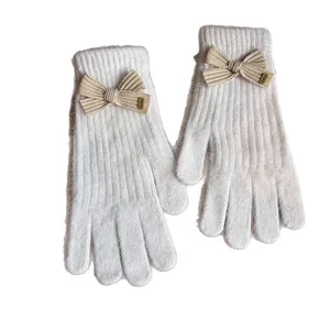 Cute white knitted gloves for girls with bow decoration and touch screen fingertips