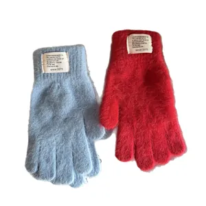 Winter plush knit rabbit fur mittens in soft blue and red with vintage labels