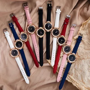 Reloj de cuarzo para mujer con esfera de cielo estrellado, bisel de diamante y correas