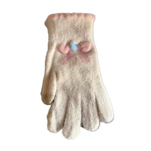 Gants en tricot d'hiver pour femmes tactiles avec nœud rose et texture chaude