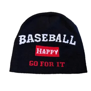 Black knitted beanie with white BASEBALL jacquard and red HAPPY graphic block for winter