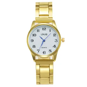 Montre à quartz dorée pour homme avec cadran blanc à chiffres arabes et bracelet en acier