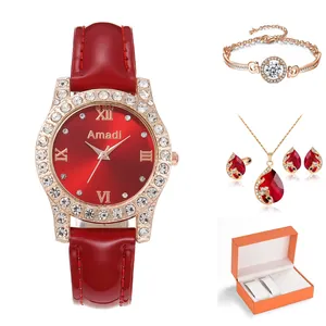 Ensemble Montre à Quartz et Bijoux pour Femmes Avec Collier Bracelet Boucles d'Oreilles Bague Strass Pendentif Cristal Goutte Montre Bracelet en Cuir Cadeau Femme