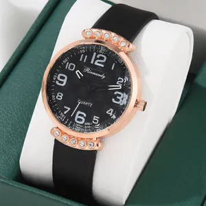 Elegant women's quartz watch with black dial and rose gold case featuring diamond accents