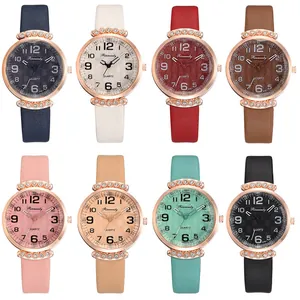 Elegance women's quartz watch set in 8 colors with leather straps and rhinestone bezel