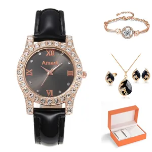 Coffret montre quartz luxe femme avec boîtier diamant or rose et bijoux assortis