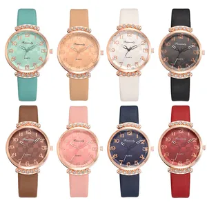 Fashion Women Quartz Watch Rhinestone Decoration Rose Gold Case Faux Leather Strap Round Analog Dial Casual Timepiece For Ladies