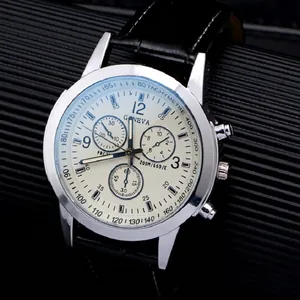 Classic silver men's quartz watch with black leather strap and tachymeter bezel