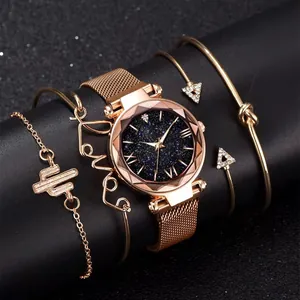 Women Fashion Starry Sky Quartz Watch With Rose Gold Mesh Band And Rhinestone Geometric Heart Love Bracelets Jewelry Gift