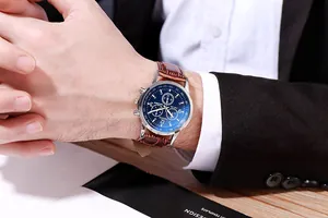 Close-up of Geneva men's quartz watch featuring blue dial and brown leather strap on wrist