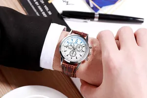 Classic men's business watch with white chronograph dial and brown leather embossed strap
