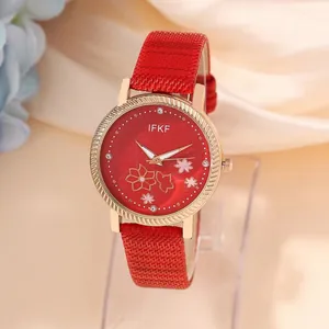 Women Fashion Quartz Watch Floral Sakura Pattern Dial Rhinestone Markers Alloy Case Faux Leather Strap Elegant Wristwatch