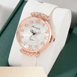 Elegant rose gold quartz watch for women with white leather strap and sparkling diamonds