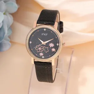Women's quartz watch with rose gold case, black leather strap and cherry blossom dial