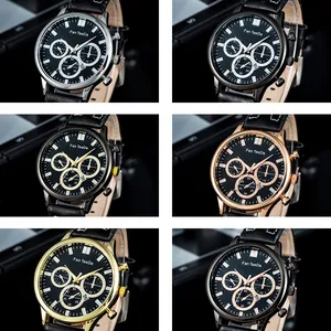 Dettaglio di sei orologi al quarzo da uomo con cinturini in pelle e diverse casse in metallo