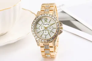 Luxuriöse goldene Quarzuhr für Damen mit Strassbesatz und multifunktionalem Zifferblatt