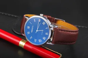 Macro shot of Geneva quartz watch featuring blue Roman dial and brown leather strap