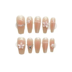 Pink gradient long trapezoid press-on nails with 3D pearl flowers and rhinestones
