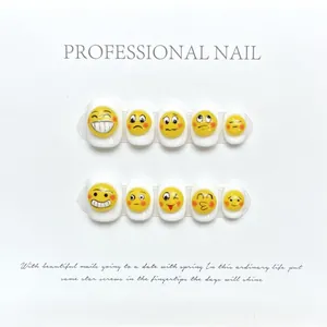 Handmade Cute Yellow Emoji Face Press On Nails Short Square White 3D Fried Egg Design Artificial Nails For Women Nail Art