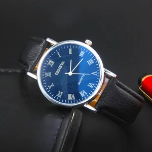 Classic Geneva business watch with blue Roman numeral dial and black leather strap