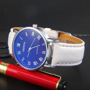 Geneva quartz watch with blue Roman numeral dial and white leather strap on dark background