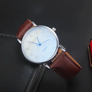 Classic Geneva men's quartz watch with white Roman dial and brown leather strap